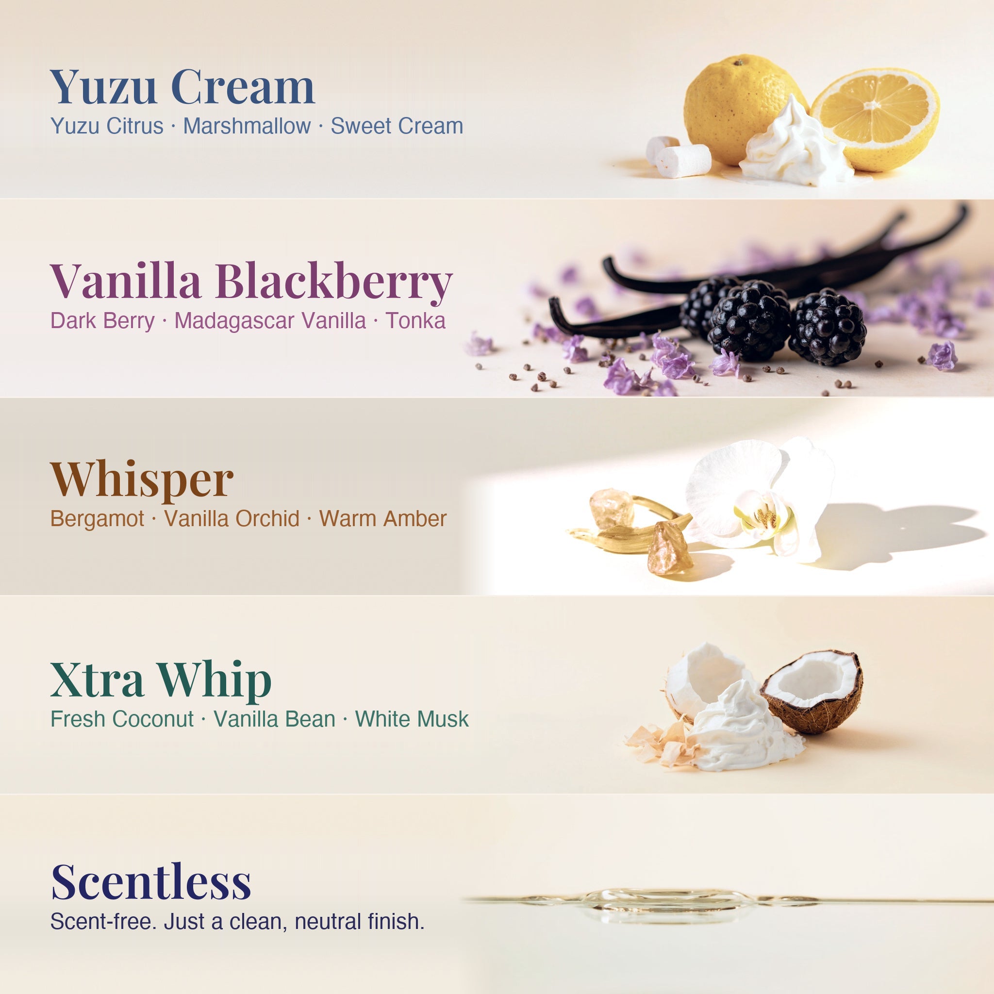 KINHOUSE scent menu: Yuzu Cream, Vanilla Blackberry, Whisper, Xtra Whip and Scentless with their scent notes