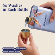60 washes in each bottle: KINHOUSE detergent pouring from the tin into its gold measuring cap, about $0.80 per wash