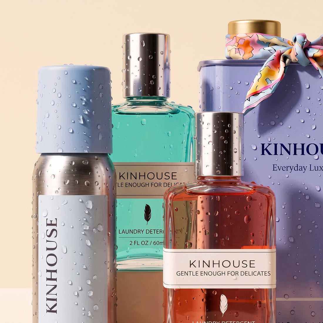 KINHOUSE detergent, travel minis and fabric spray with water droplets